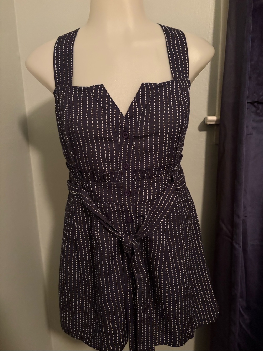 VENUS Navy Blue Polka-Striped Button Front Mini Dress